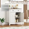 A white and brown kitchen cabinet with its doors open, showing shelves and items inside. There is text overlay describing its features. Podgląd zdjęcia produktu