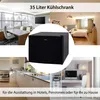 Collage of images showing a mini-fridge in different settings: office, bedroom, kitchen, and desk area. Produktbild-Vorschau