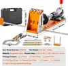 A set of woodworking tools, including a pocket hole jig, clamp, drills, and other accessories, laid out on a white background with dimensions and package contents listed. Náhled obrázku produktu