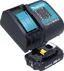 A black Makita battery charger and a black Makita battery are shown against a white background. Podgląd zdjęcia produktu
