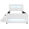 A white bed frame with integrated LED lighting and a two-step staircase. Produktbild-Vorschau