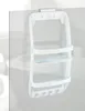 A white shower caddy with three shelves and four hooks is hanging on a glass surface. Produktbild-Vorschau