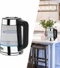 A split image showing a glass electric kettle on the left and a kitchen counter with a kettle and flowers on the right. Náhled obrázku produktu