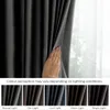 A hand is shown parting dark gray curtains, revealing a sheer white curtain behind. Below the main image, there are five swatches of the curtain fabric shown under different lighting conditions, labeled 'Natural Light', 'Dim Light', 'Cool Light', 'Warm Lig Produktbild-Vorschau