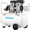 A white VEVOR brand air compressor with dual motors and a tank is shown on a white background. The compressor has wheels and a handle for portability. Accessories, including two quick connectors and a hose, are placed to the right of the compressor. Produktbild-Vorschau