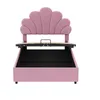 A pink upholstered bed frame with the storage compartment open, showing the interior. Anteprima dell’immagine prodotto