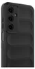 A close-up side view of a black phone case with a textured pattern. Produktbild-Vorschau