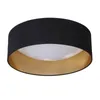A close-up studio shot of a black and gold drum-shaped ceiling light.