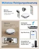 Collage of marketing images showcasing a robot vacuum cleaner and its features. Produktbild-Vorschau