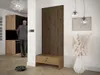 A man in a suit walks past a hallway furniture set with a wooden bench and slatted paneling, a robot vacuum cleaner is on the floor. Náhled obrázku produktu