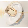 A close-up of a gold and beige earbud placed in a stylized ear, with sound wave graphics emanating from it. Produktbild-Vorschau