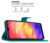 A teal flip case for a smartphone is shown open, displaying the phone's screen with a colorful abstract wallpaper. Above the phone, there are illustrations and text describing the stand function of the case. Náhled obrázku produktu