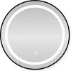 A round LED bathroom mirror with a black metal frame and a power button icon in the center. Produktbild-Vorschau