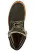 A top-down view of a green leather boot with white fur lining. Voir les images du produit