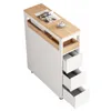 A narrow white cabinet with a wooden top, featuring three open drawers and a magazine on top. Produktbild-Vorschau