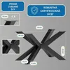 A collage of images showing a black metal table leg set with dimensions and product features. Náhľad obrázku produktu