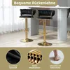 Two black bar stools with gold bases are shown in a modern interior setting, with close-up insets highlighting product features. Produktbild-Vorschau