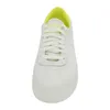 A white sneaker with a yellow interior is shown from the front. Produktbild-Vorschau