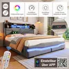 A modern upholstered bed with integrated LED lighting and a headboard with storage compartments and USB ports. Podgląd zdjęcia produktu