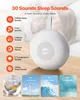 A white sound machine is placed on a wooden surface, with a blurred background of a person sleeping. Text overlays describe the product's features and sound options. Four smaller images at the bottom show examples of sounds: birds, a wind turbine, waves, a Produktbild-Vorschau