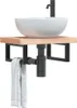 A white bowl sink with a black faucet mounted on a wooden shelf with black metal supports. A white towel is hanging from the supports. Náhľad obrázku produktu