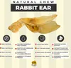 A product image showcasing rabbit ears for dogs, with multiple feature callouts in different languages. Náhled obrázku produktu