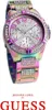 A close-up studio shot of a women's Guess watch with a multicolor, iridescent finish and crystal embellishments. Náhľad obrázku produktu