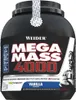 A black plastic tub of Weider Mega Mass 4000 protein powder with a graphic of a muscular man on the side. Produktbild-Vorschau