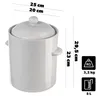 A white ceramic pot with handles and a lid, shown with measurement indicators and icons for weight and volume. Podgląd zdjęcia produktu