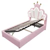 A pink upholstered bed frame with a crown-shaped headboard, shown with the slatted mattress base lifted. Produktbild-Vorschau