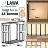 A diagram and marketing image of a black metal firewood rack with dimensions and weight capacity indicated. Produktbild-Vorschau