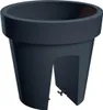 A dark gray planter pot with a wide rim and a split base, designed to hang on a railing. It has a small spigot at the bottom. Náhľad obrázku produktu