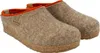A pair of beige wool clogs with orange trim and a cork sole, shown against a white background. Produktbild-Vorschau
