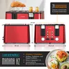 Collage showing a red toaster from different angles, close-ups of its features, and a picture of breakfast toast. Produktbild-Vorschau