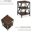 Two views of a rustic-style side table with a metal frame and wooden shelves, presented against a white background with descriptive text. Produktbild-Vorschau