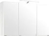 A white bathroom cabinet with a mirror and a light fixture above it. Produktbild-Vorschau