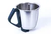 A stainless steel mixing bowl with a black handle, isolated on a white background. Produktbild-Vorschau