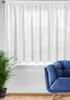 A white sheer curtain hangs over a window, with a blue armchair and a potted plant in the foreground. Produktbild-Vorschau