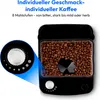 A close-up marketing image of a coffee grinder with coffee beans inside, highlighting its grinding settings. Produktbild-Vorschau
