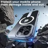 A clear phone case with a magnetic ring is shown surrounded by rocks, suggesting protection against damage. Podgląd zdjęcia produktu