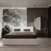 A modern bedroom with a large bed, a mural on the wall, and a vanity with a mirror. Náhled obrázku produktu