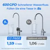 Comparison of two water filtration systems, showing water flow rates and fill times. Voir les images du produit