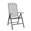 A gray metal folding chair with a mesh back and seat, shown from the front. Produktbild-Vorschau