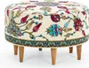 A round ottoman with a patterned fabric cover and wooden legs, shown against a white background. Produktbild-Vorschau