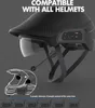 A black motorcycle helmet with a visor and attached Bluetooth communication system, with a diagram of another helmet and icons below. Produktbild-Vorschau
