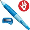 A blue Stabilo EasyErgo 3.15 pencil and a blue pencil sharpener are shown on a white background. A red circular graphic with a white hand and the letter 'R' is in the upper right corner. Náhľad obrázku produktu