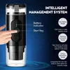 A hand is shown pressing a button on a portable coffee maker, with text overlays explaining its features. Podgląd zdjęcia produktu
