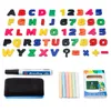 Magnetic letters, numbers, and symbols are arranged on a white background, with a marker, eraser, and chalk set below. Produktbild-Vorschau