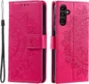 A pink flip case for a Samsung Galaxy A34 5G phone, featuring a mandala design, shown from the front and side. Produktbild-Vorschau