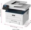 A white and blue Xerox printer with dimensions and weight indicated by red lines and text. Produktbild-Vorschau